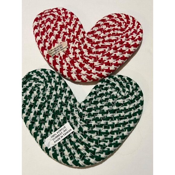 Woven Heart-Shaped Hot Pads Set Of 2 Red & Green Handmade Acrylic 100% - Picture 2 of 5